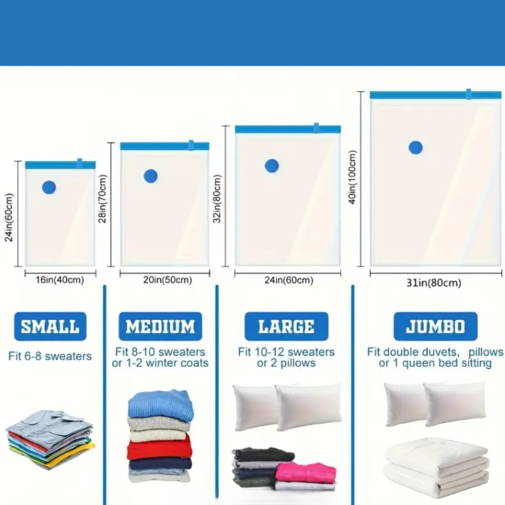 10 Pack Vacuum Storage Bags with Hand Pump – Space Saver Bags in 4 Sizes for Clothes, Bedding & Travel