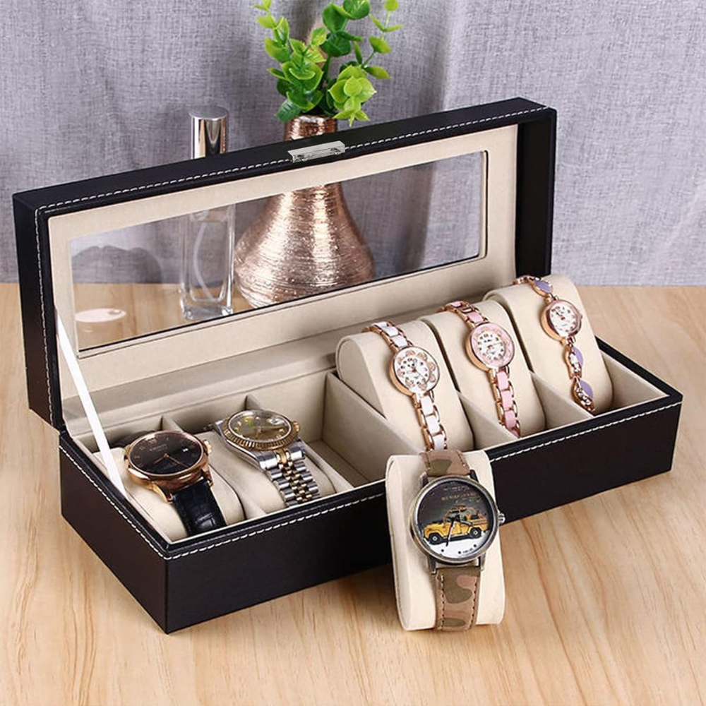 6 Slot Watch Display Storage Box - Premium PU Leather with Velvet Lining & Glass Top