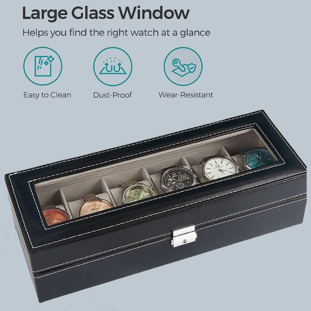 6 Slot Watch Display Storage Box - Premium PU Leather with Velvet Lining & Glass Top