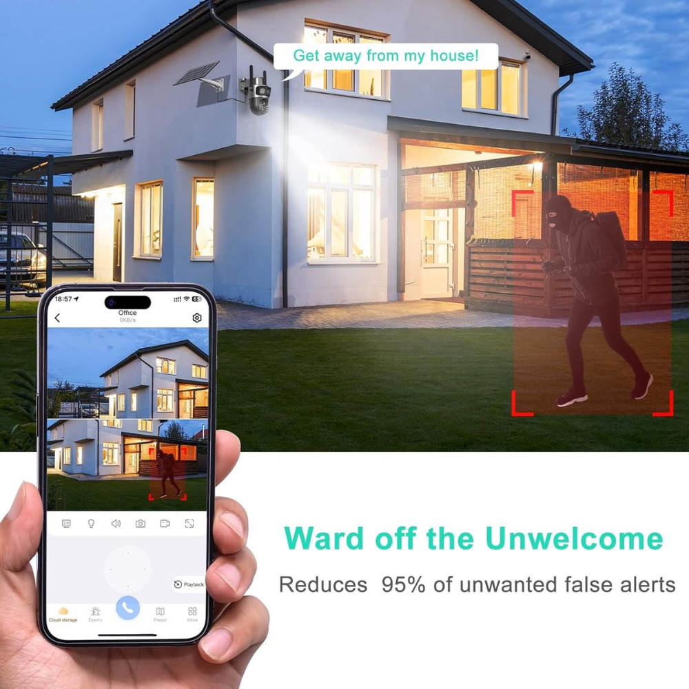 WiFi Solar Security Camera 4MP - Dual Lens 360° PTZ with Night Vision & Motion Detection