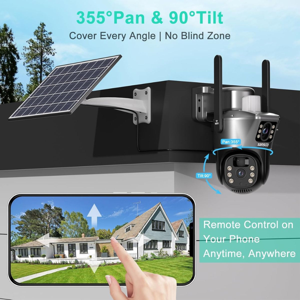 WiFi Solar Security Camera 4MP - Dual Lens 360° PTZ with Night Vision & Motion Detection