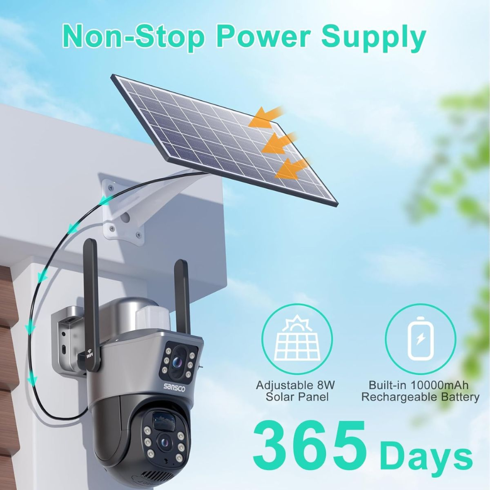 WiFi Solar Security Camera 4MP - Dual Lens 360° PTZ with Night Vision & Motion Detection