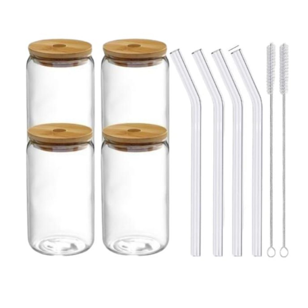 4-Pack Glass Tumblers with Bamboo Lids & Straws