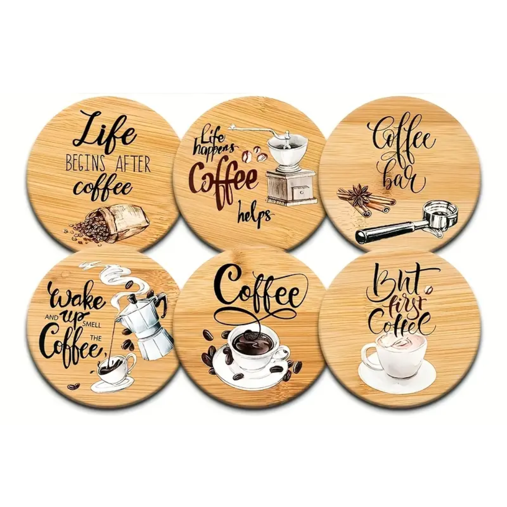 6-Piece Coffee Quote Coaster Set – Rustic Wood Look