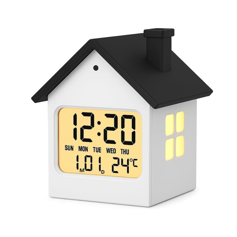 House-Shaped Digital Alarm Clock - LCD Display with Date, Week, Temperature & Backlight
