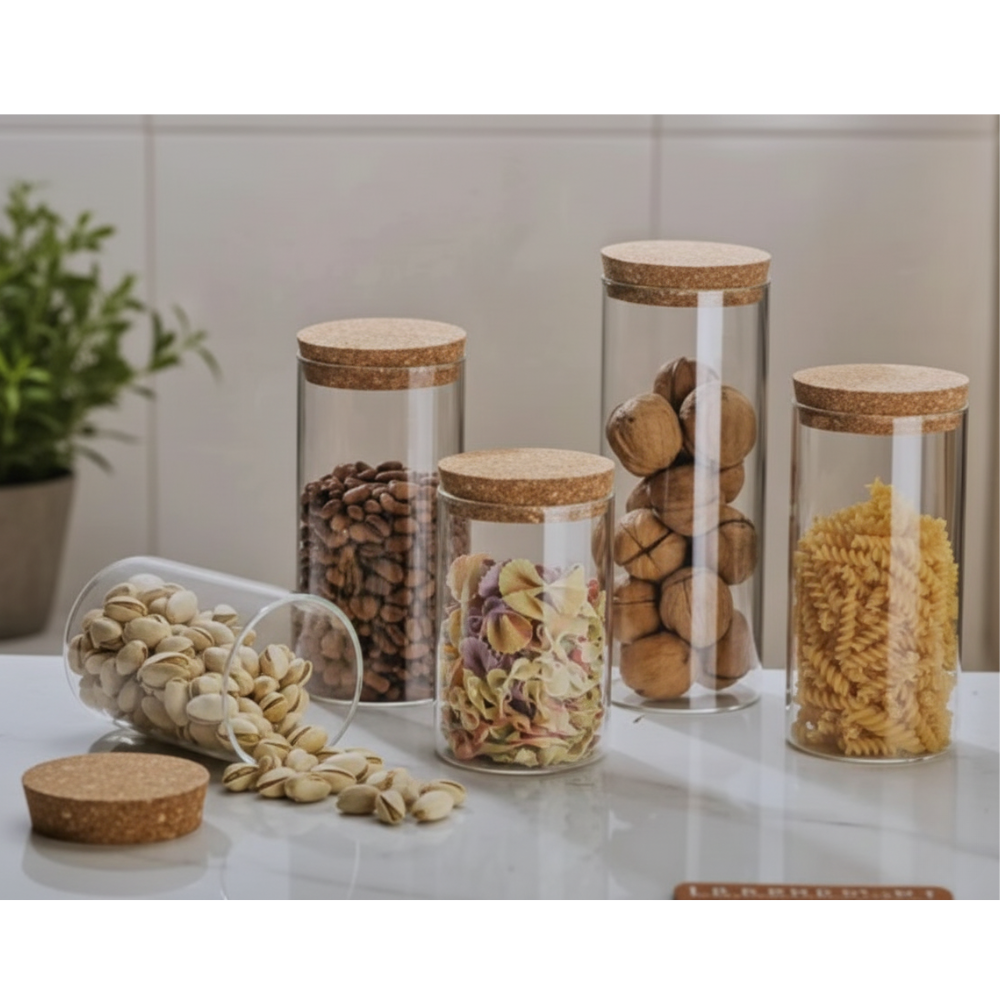 Eco-Friendly Bamboo Glass Storage Jar Set - 5 Piece Cylinder Collection