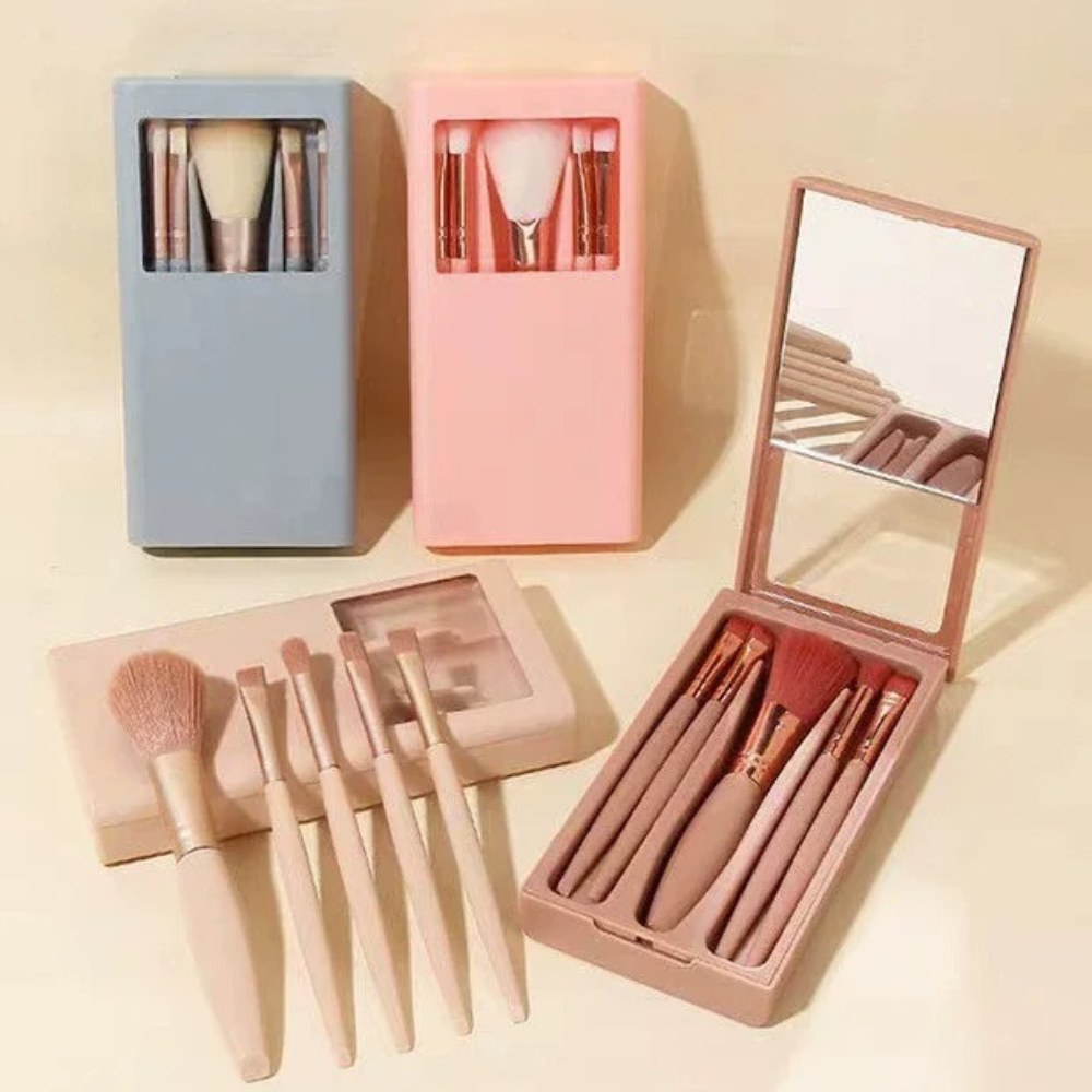 5pcs Travel Makeup Brush Set - Portable Mini Brushes with Mirror Box & Soft Synthetic Hair