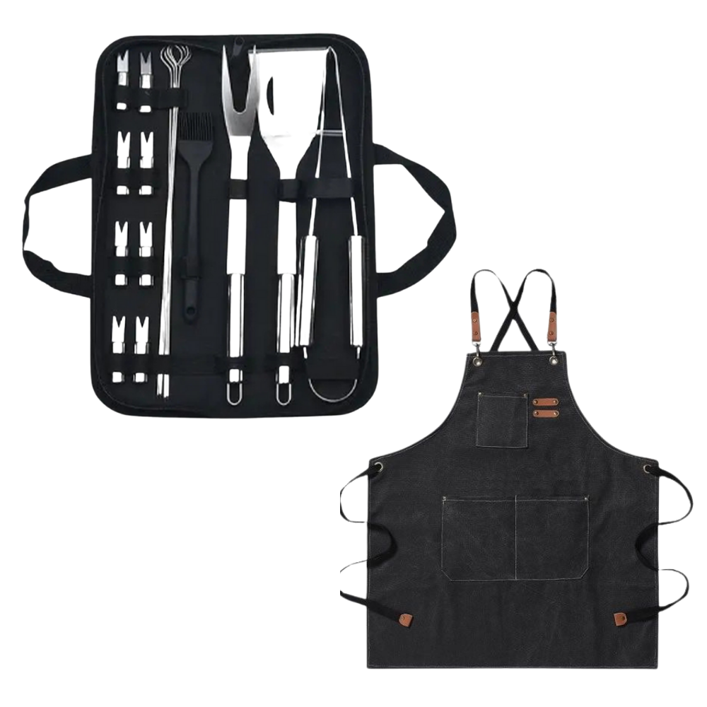 16-Piece Stainless Steel Braai Tool Set with Cross Back Apron - Complete Grilling Kit