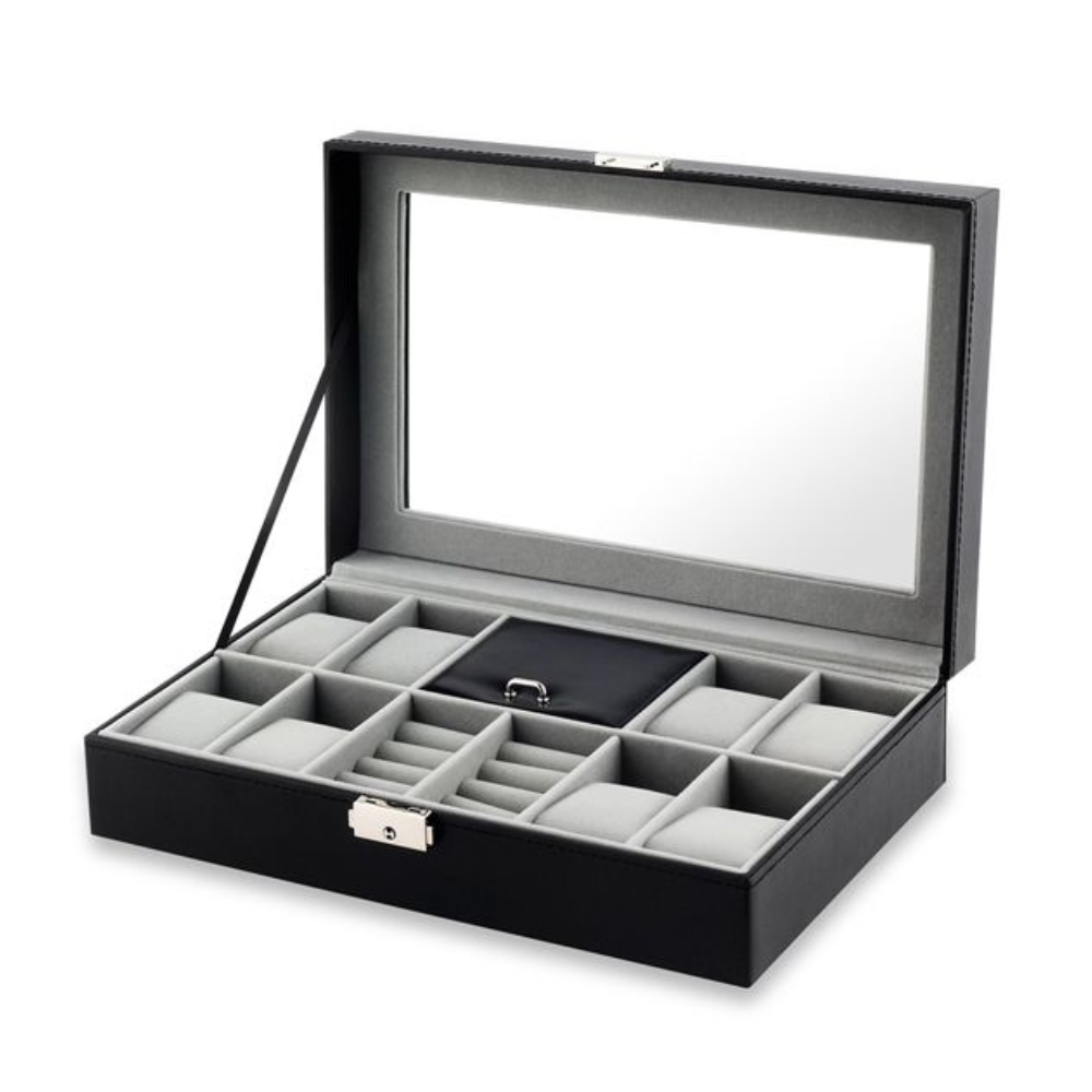 8 Slots PU Leather Jewelry Display Case - Black with Lock & Glass Top Watch Organizer