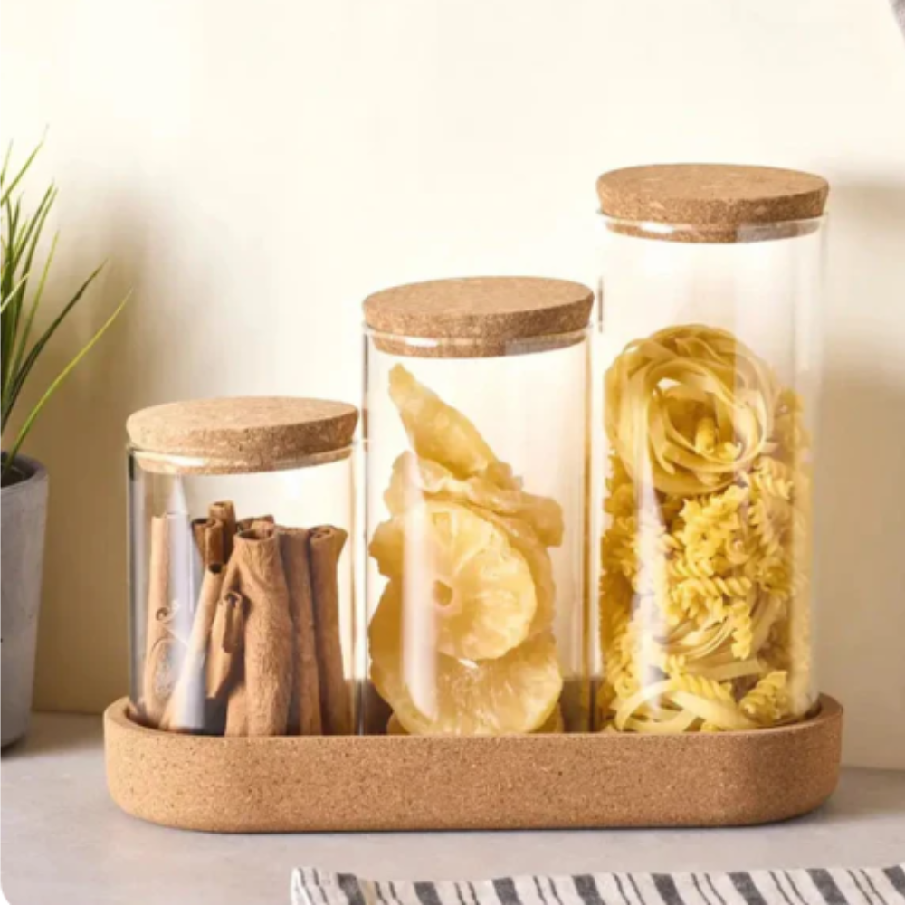 Premium Glass Storage Jar Set - 3 Piece with Cork Tray DealRush