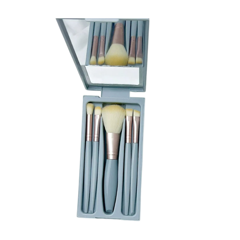5pcs Travel Makeup Brush Set - Portable Mini Brushes with Mirror Box & Soft Synthetic Hair