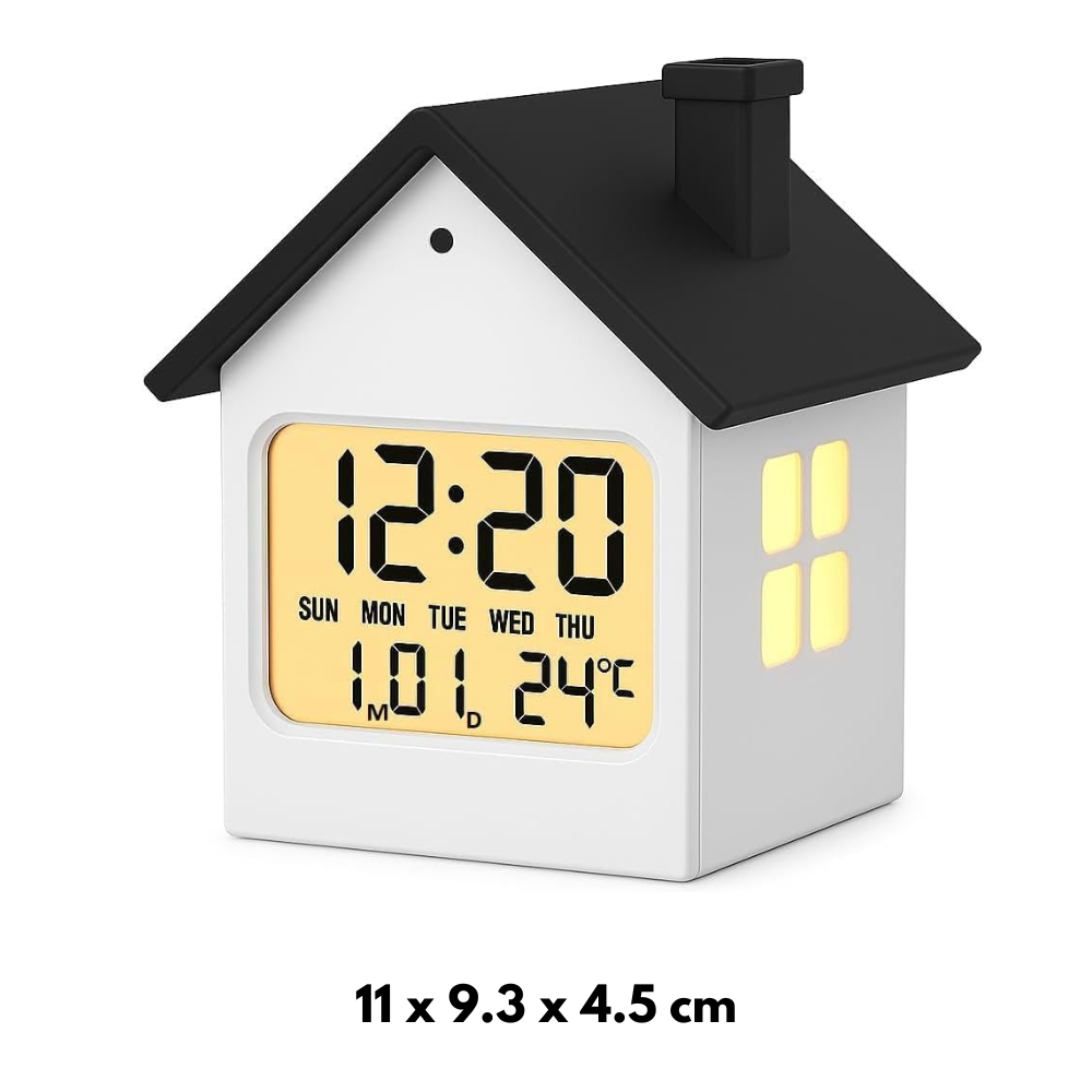 House-Shaped Digital Alarm Clock - LCD Display with Date, Week, Temperature & Backlight