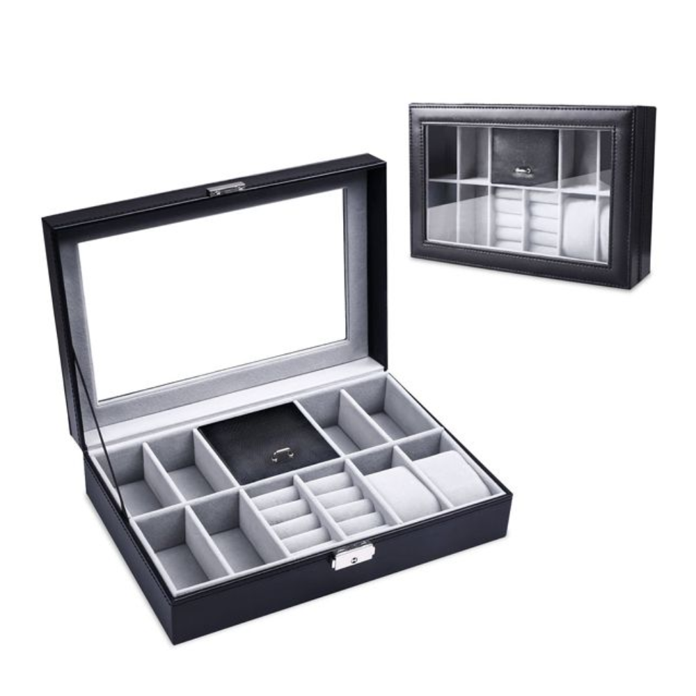 8 Slots PU Leather Jewelry Display Case - Black with Lock & Glass Top Watch Organizer