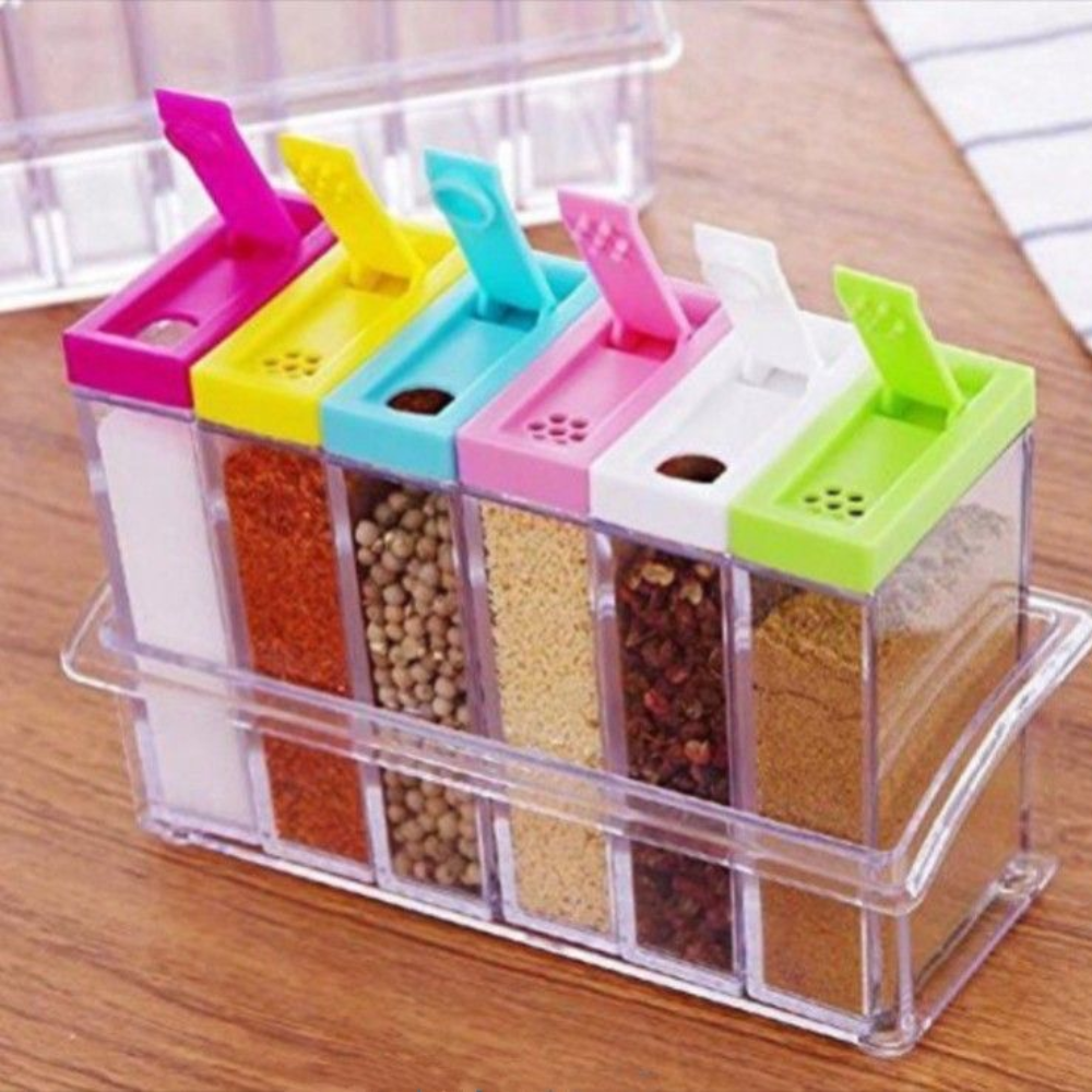 6-Piece Seasoning Spice Jar Set - Color-Coded Lids Kitchen Storage Containers