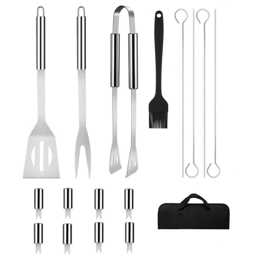 16-Piece Stainless Steel Braai Tool Set with Cross Back Apron - Complete Grilling Kit