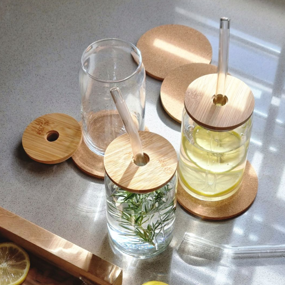 4-Pack Glass Tumblers with Bamboo Lids & Straws
