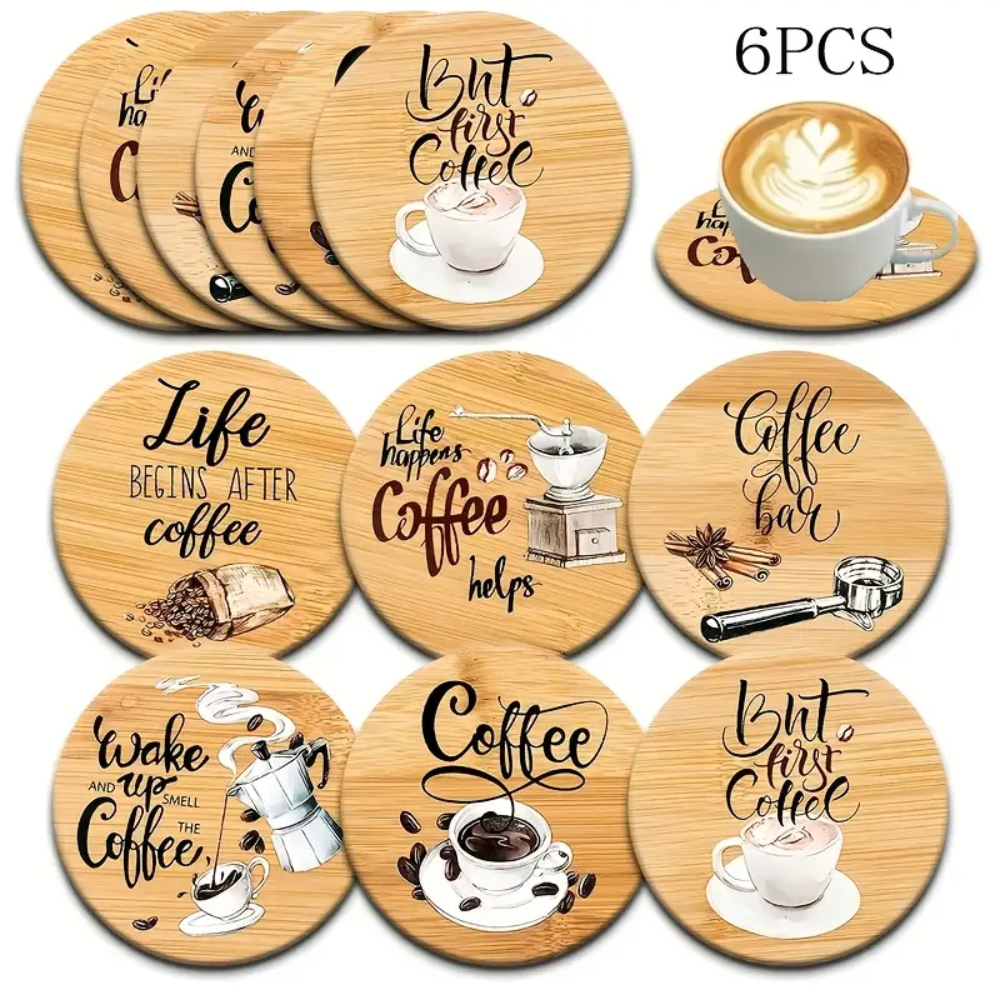 6-Piece Coffee Quote Coaster Set – Rustic Wood Look