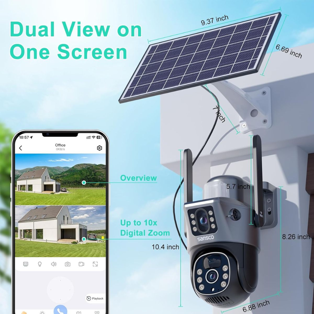 WiFi Solar Security Camera 4MP - Dual Lens 360° PTZ with Night Vision & Motion Detection