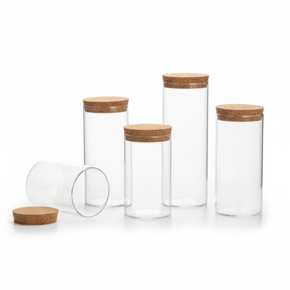Eco-Friendly Bamboo Glass Storage Jar Set - 5 Piece Cylinder Collection