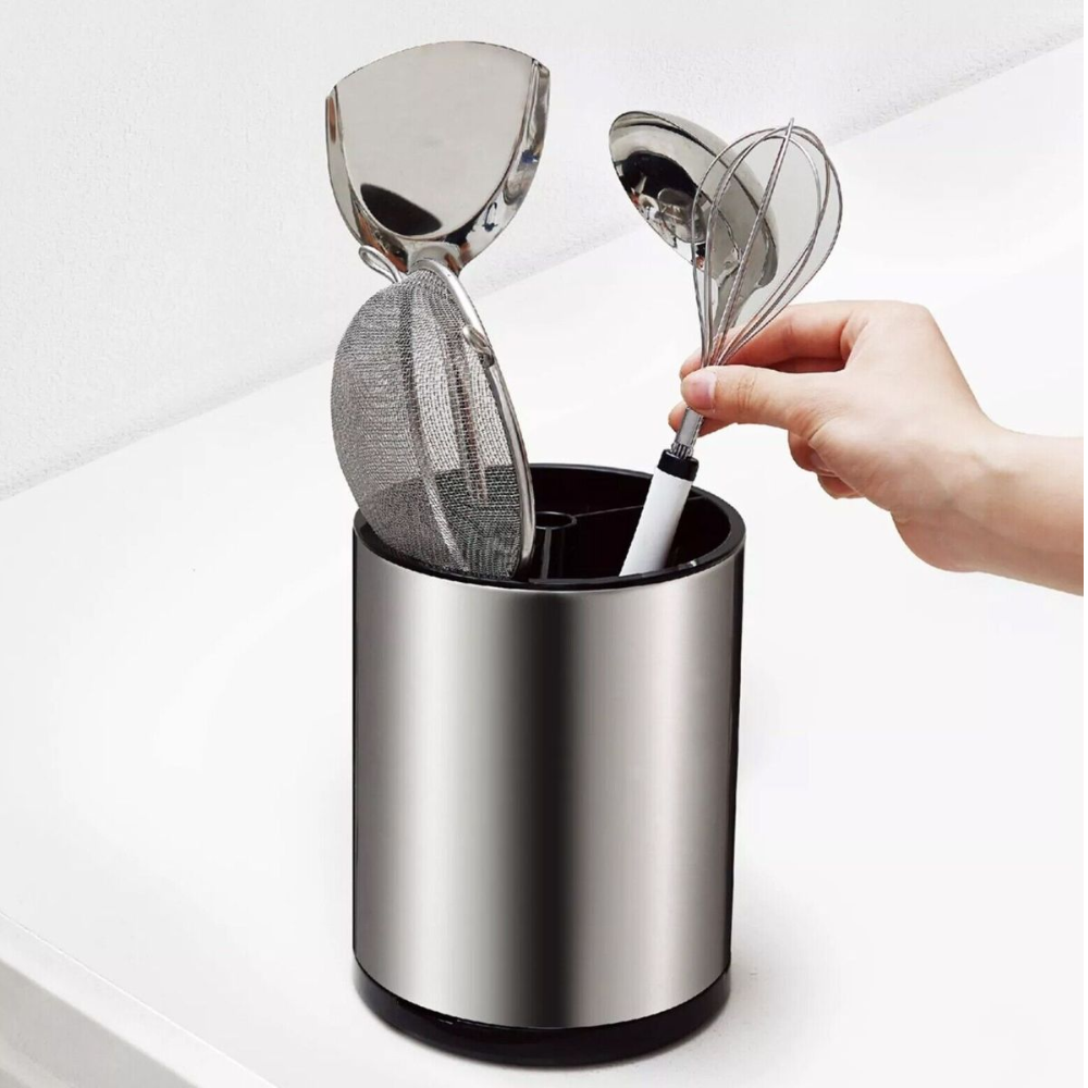 Stainless Steel Rotating Storage Bucket - 3 Division Utensil Holder
