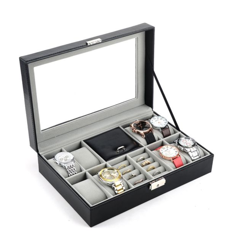8 Slots PU Leather Jewelry Display Case - Black with Lock & Glass Top Watch Organizer