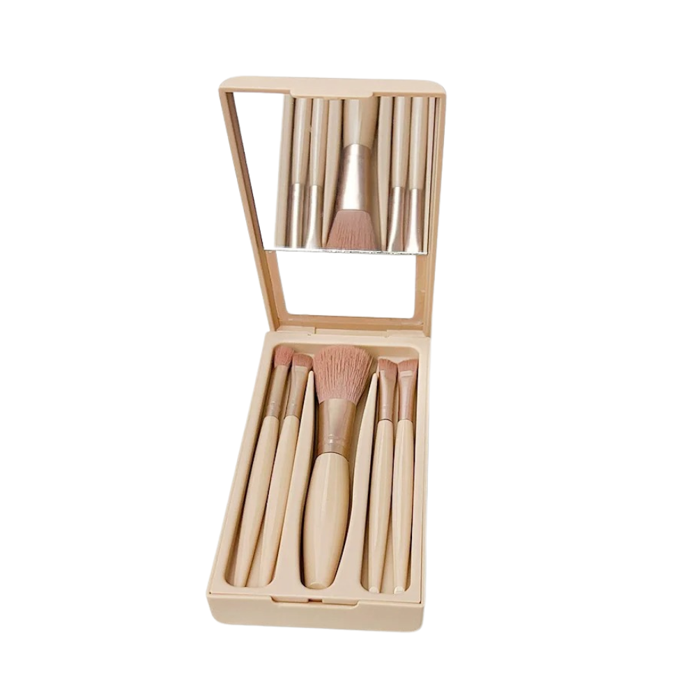 5pcs Travel Makeup Brush Set - Portable Mini Brushes with Mirror Box & Soft Synthetic Hair