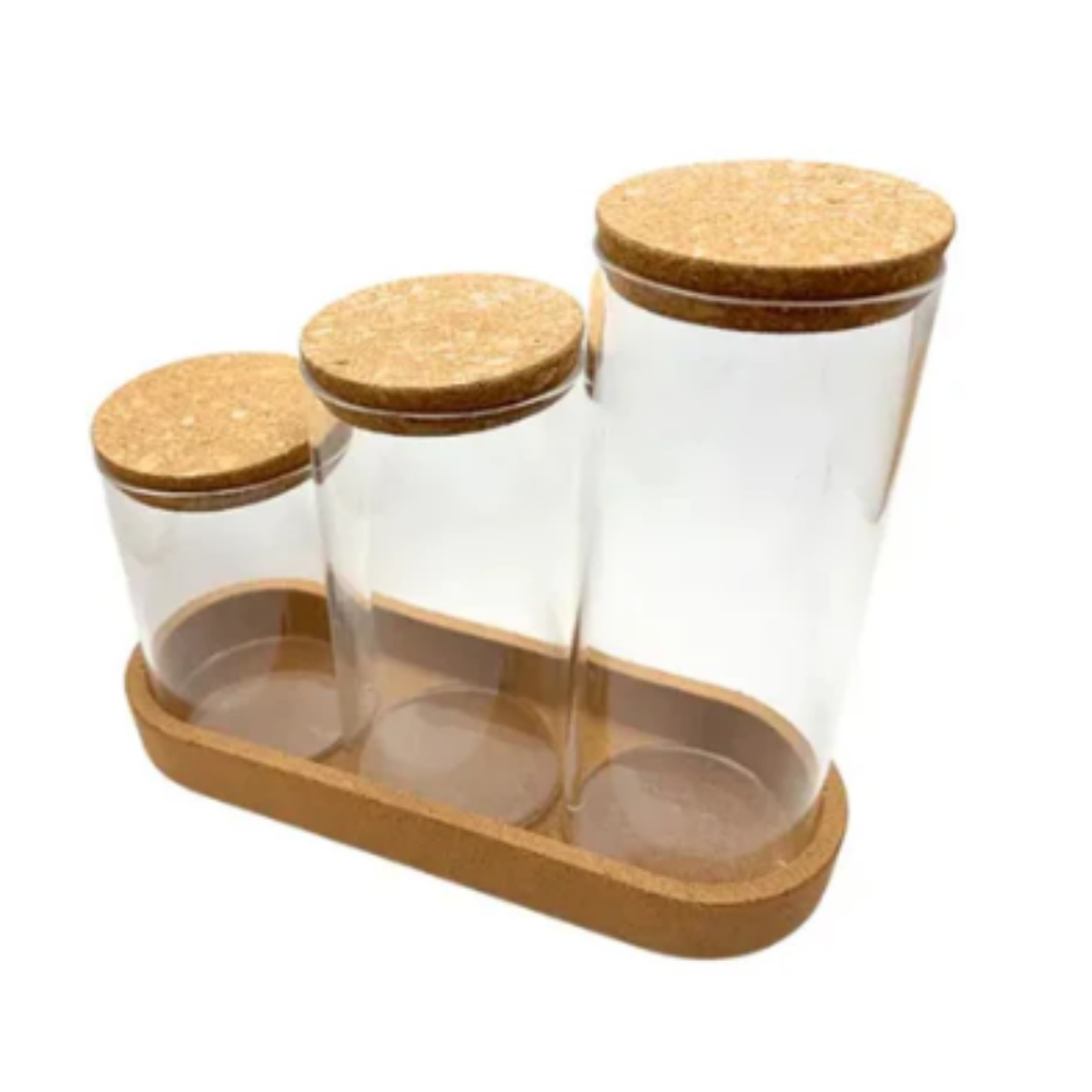 Premium Glass Storage Jar Set - 3 Piece with Cork Tray DealRush