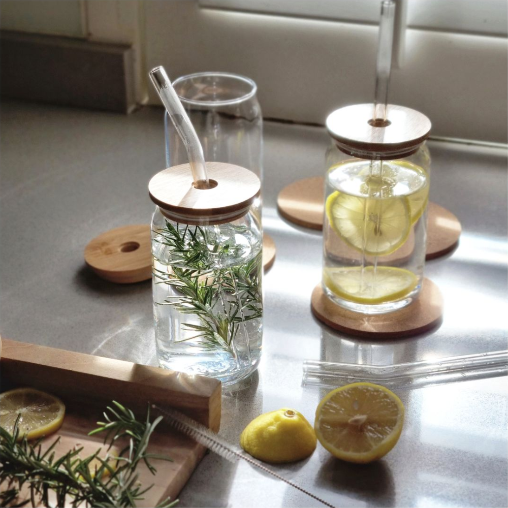 4-Pack Glass Tumblers with Bamboo Lids & Straws