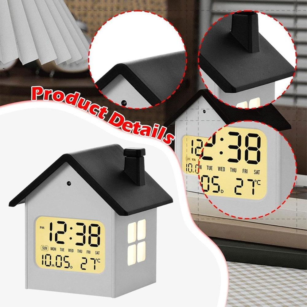 House-Shaped Digital Alarm Clock - LCD Display with Date, Week, Temperature & Backlight