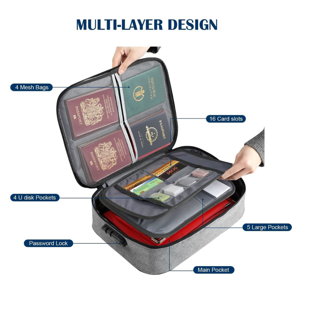 Waterproof Multi-Layer Lockable Document Storage Pouch - Travel Organizer with Code Lock