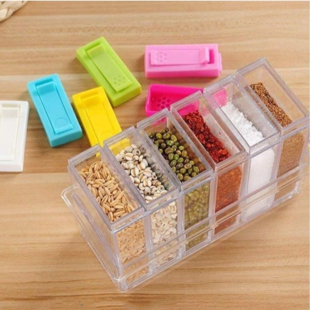 6-Piece Seasoning Spice Jar Set - Color-Coded Lids Kitchen Storage Containers