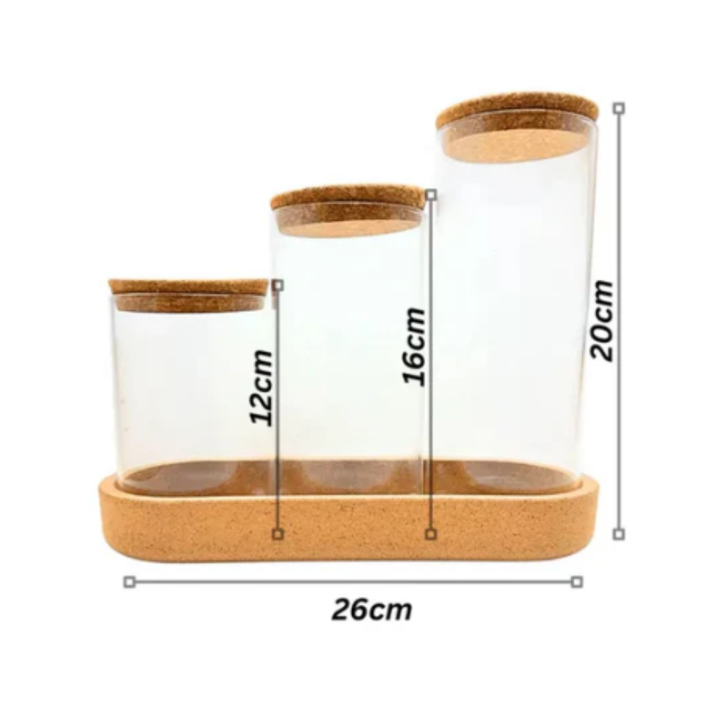 Premium Glass Storage Jar Set - 3 Piece with Cork Tray DealRush