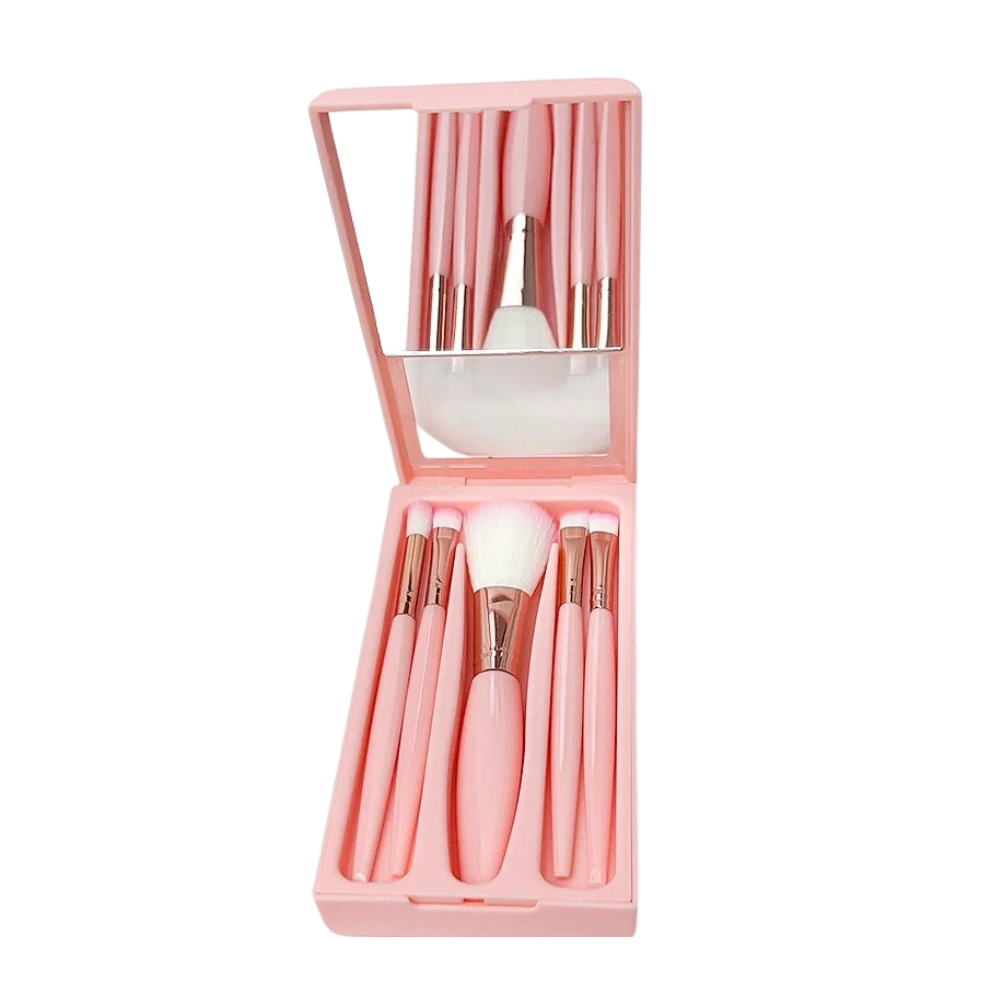 5pcs Travel Makeup Brush Set - Portable Mini Brushes with Mirror Box & Soft Synthetic Hair