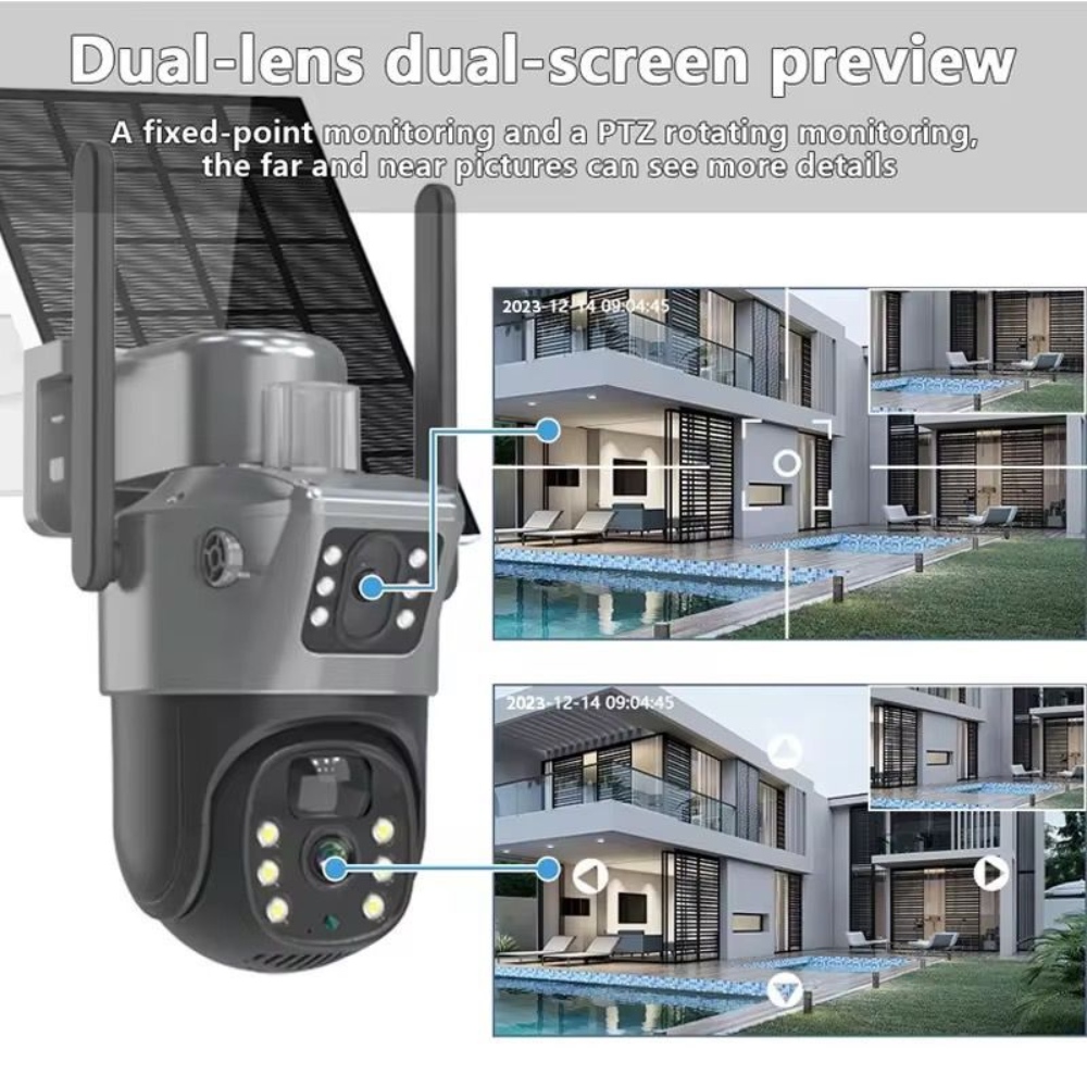 WiFi Solar Security Camera 4MP - Dual Lens 360° PTZ with Night Vision & Motion Detection