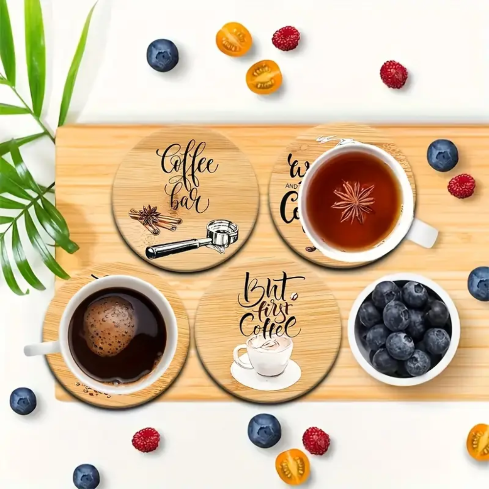 6-Piece Coffee Quote Coaster Set – Rustic Wood Look