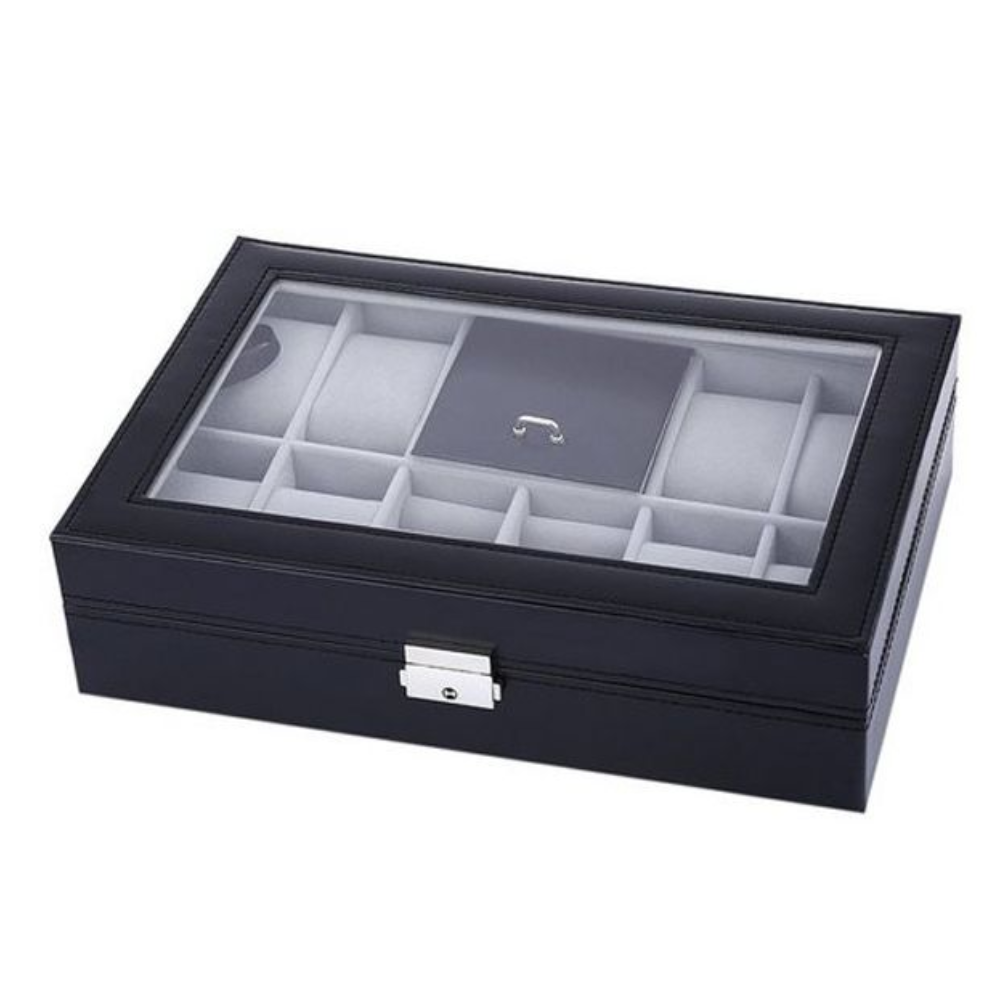 8 Slots PU Leather Jewelry Display Case - Black with Lock & Glass Top Watch Organizer
