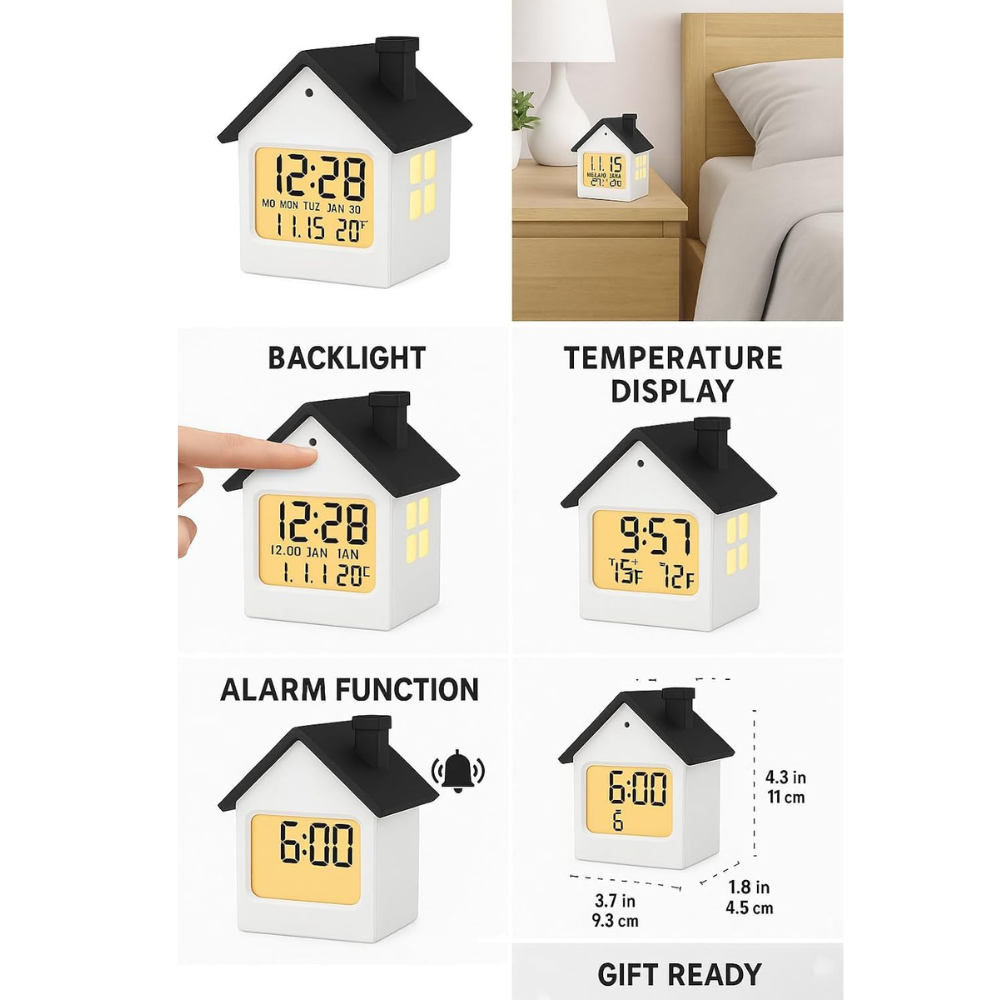House-Shaped Digital Alarm Clock - LCD Display with Date, Week, Temperature & Backlight