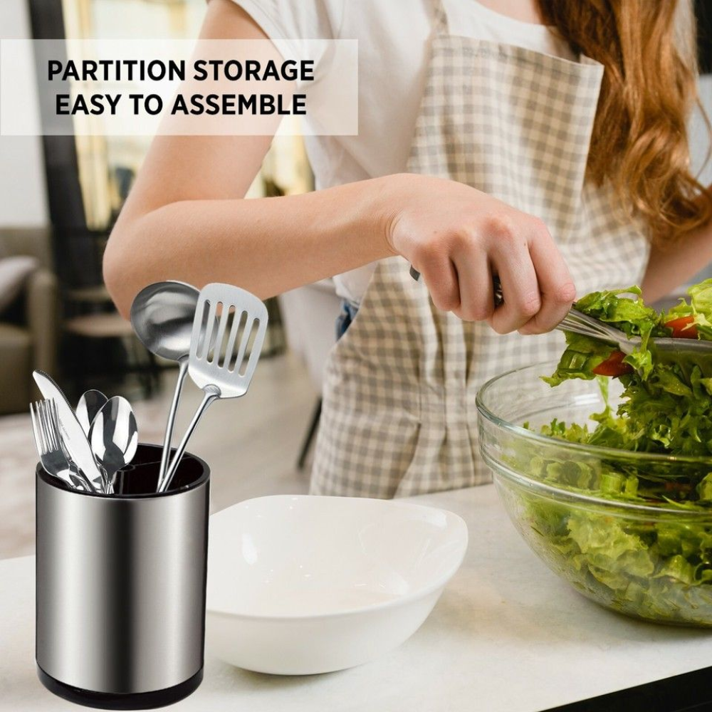 Stainless Steel Rotating Storage Bucket - 3 Division Utensil Holder