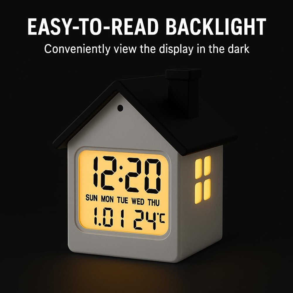 House-Shaped Digital Alarm Clock - LCD Display with Date, Week, Temperature & Backlight