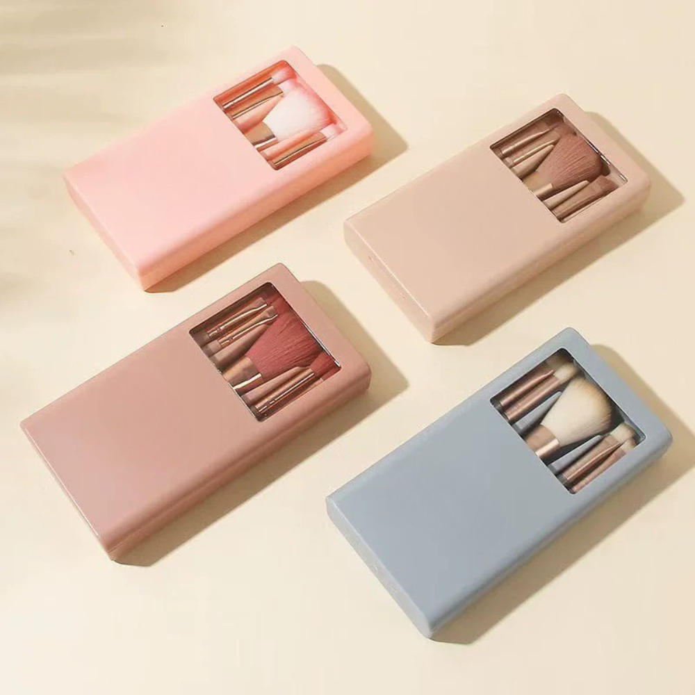 5pcs Travel Makeup Brush Set - Portable Mini Brushes with Mirror Box & Soft Synthetic Hair