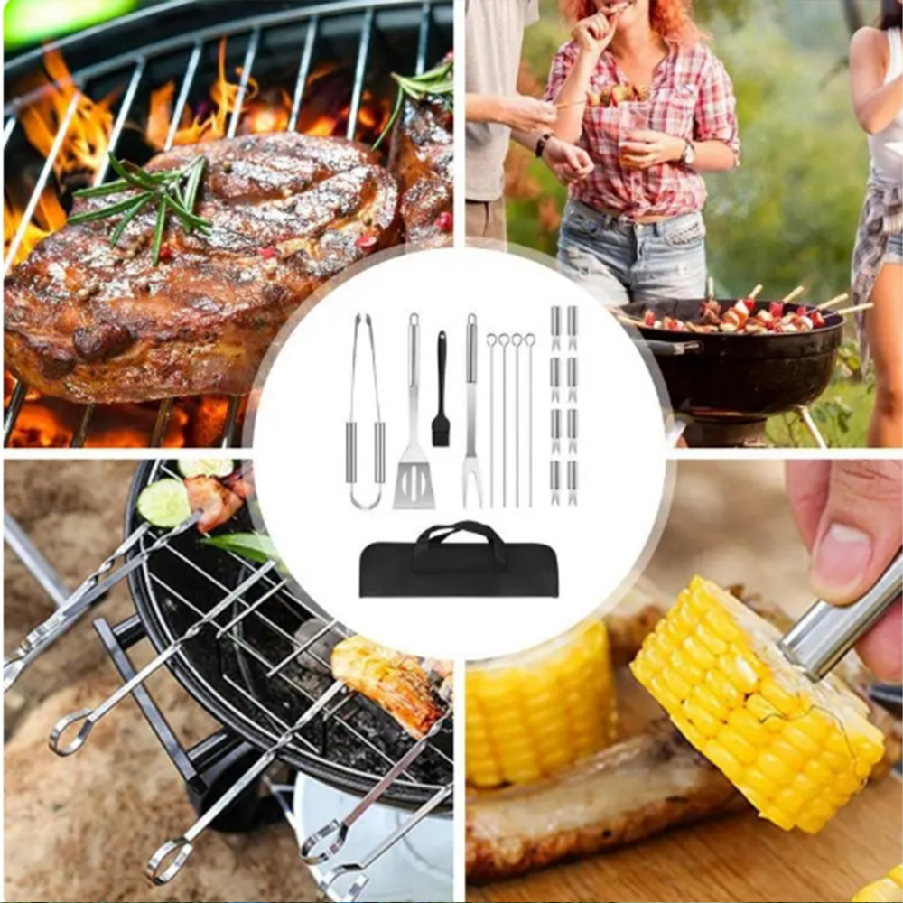 16-Piece Stainless Steel Braai Tool Set with Cross Back Apron - Complete Grilling Kit