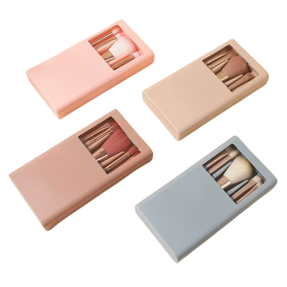 5pcs Travel Makeup Brush Set - Portable Mini Brushes with Mirror Box & Soft Synthetic Hair