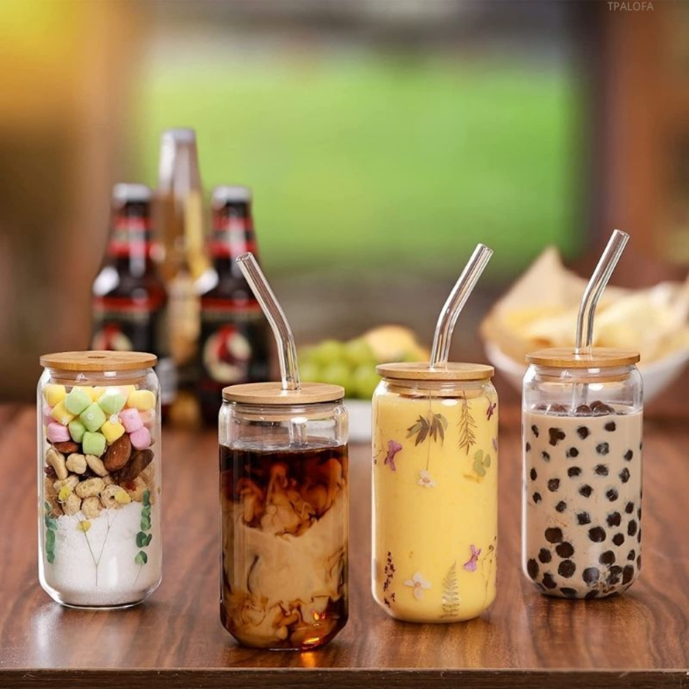 4-Pack Glass Tumblers with Bamboo Lids & Straws