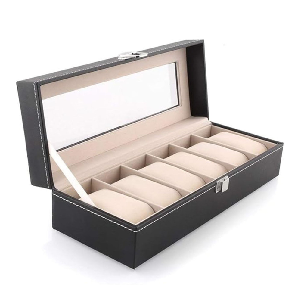6 Slot Watch Display Storage Box - Premium PU Leather with Velvet Lining & Glass Top