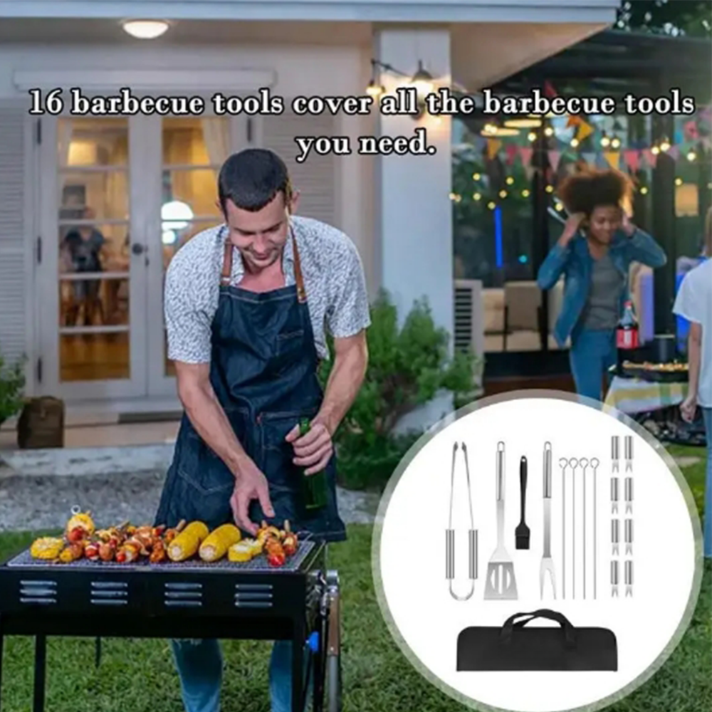 16-Piece Stainless Steel Braai Tool Set with Cross Back Apron - Complete Grilling Kit