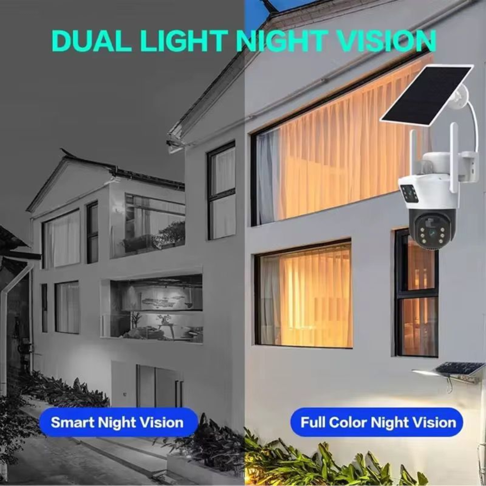 WiFi Solar Security Camera 4MP - Dual Lens 360° PTZ with Night Vision & Motion Detection