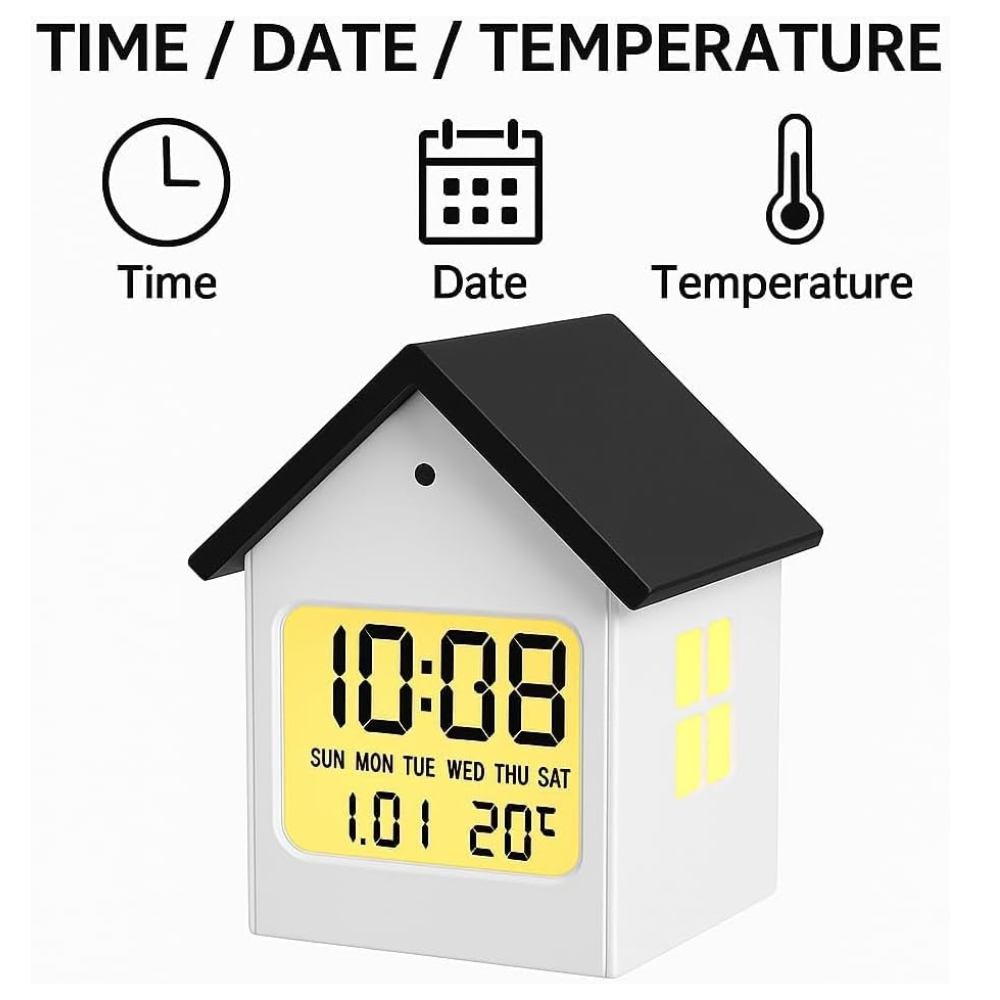 House-Shaped Digital Alarm Clock - LCD Display with Date, Week, Temperature & Backlight