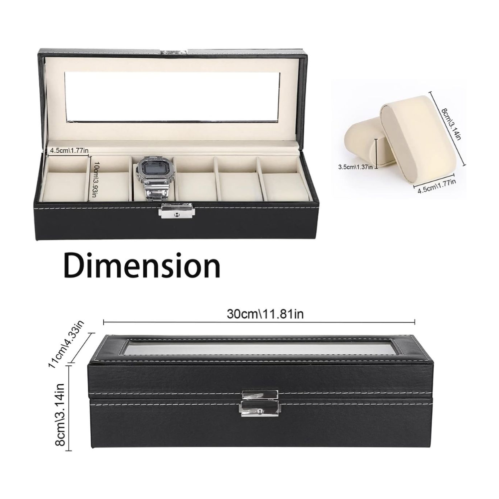 6 Slot Watch Display Storage Box - Premium PU Leather with Velvet Lining & Glass Top