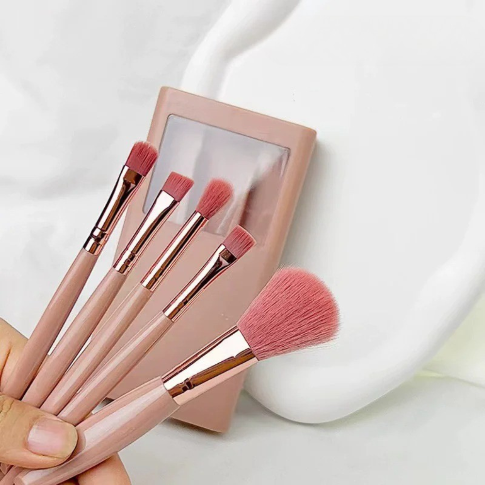 5pcs Travel Makeup Brush Set - Portable Mini Brushes with Mirror Box & Soft Synthetic Hair