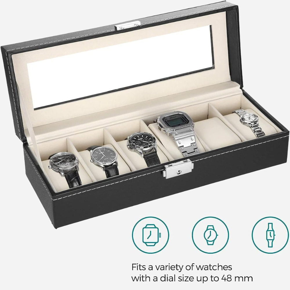 6 Slot Watch Display Storage Box - Premium PU Leather with Velvet Lining & Glass Top